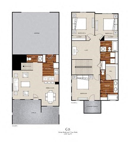 Floor plan for 3 beds, 2 baths, 1455 sqft