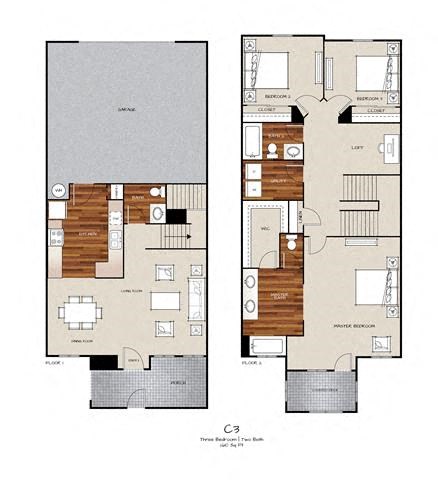 Floor plan for 3 beds, 2 baths, 1610 sqft