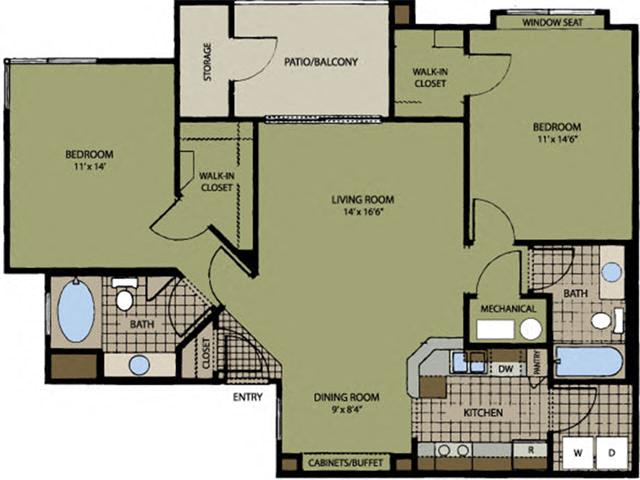 Floor plan for 2 beds, 2 baths, 1215 sqft