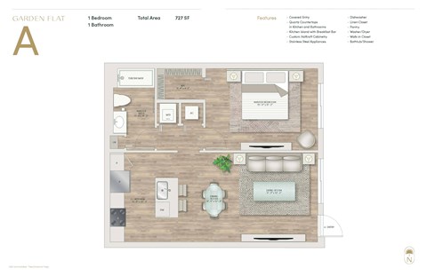 Floor plan for 1 bed, 1 bath, 727 sqft