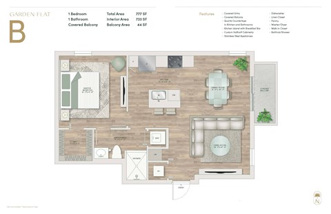 Floor plan for 1 bed, 1 bath, 777 sqft