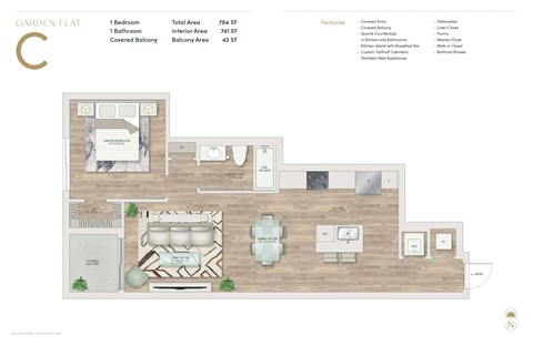 Floor plan for 1 bed, 1 bath, 784 sqft