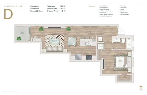 Floor plan for 1 bed, 1 bath, 793 sqft
