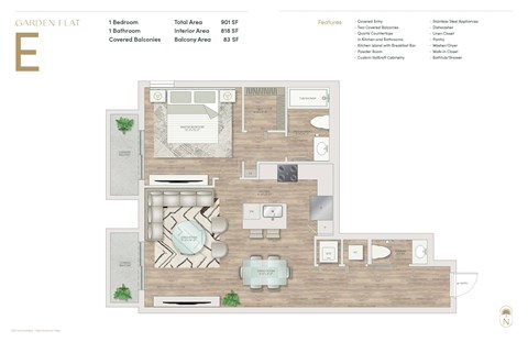 Floor plan for 1 bed, 1.5 baths, 901 sqft