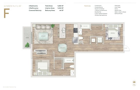 Floor plan for 2 beds, 2 baths, 1051 sqft
