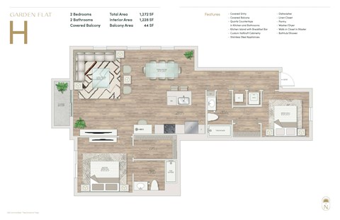 Floor plan for 2 beds, 2 baths, 1257 sqft