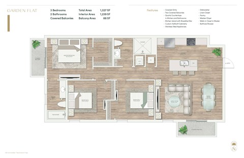 Floor plan for 3 beds, 2 baths, 1298 sqft