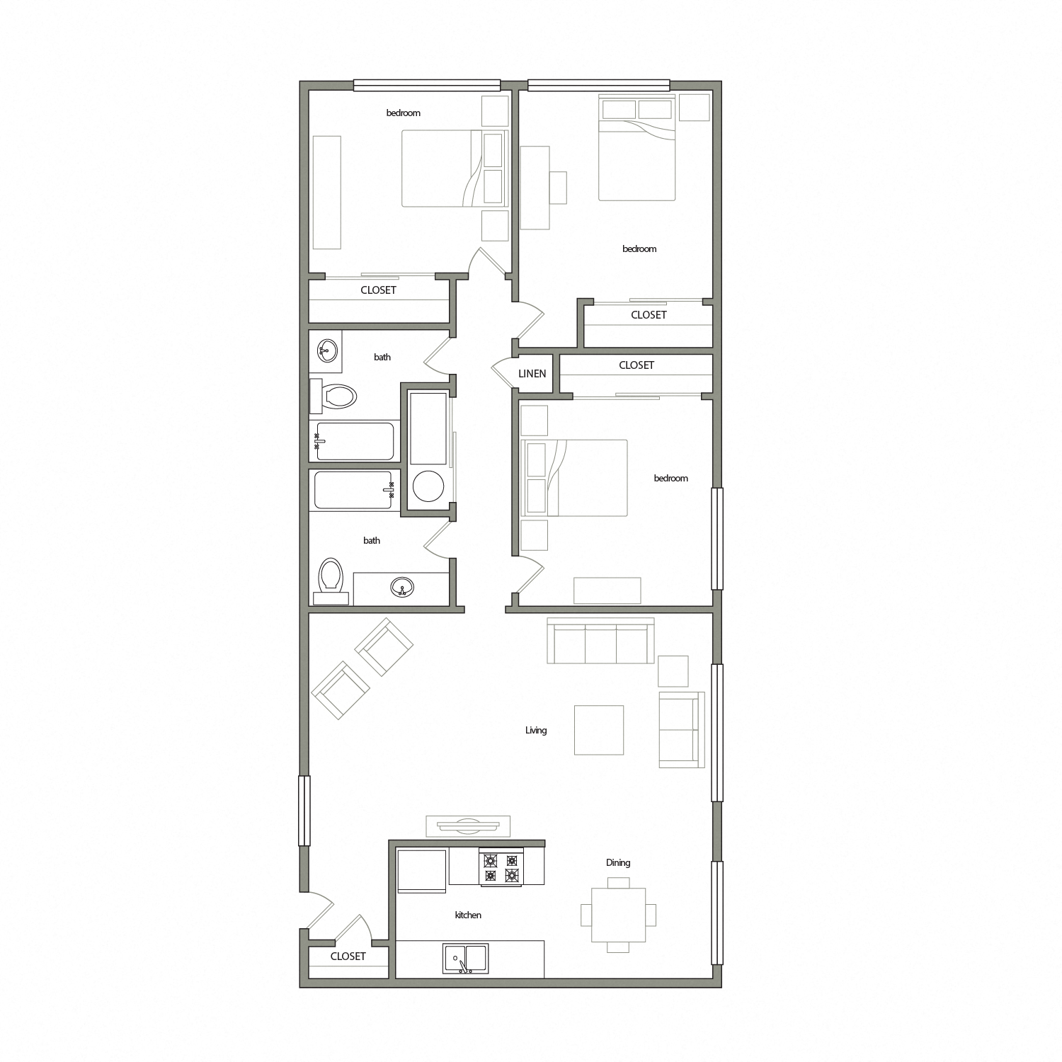 Floor plan for 3 beds, 2 baths, 1282 sqft