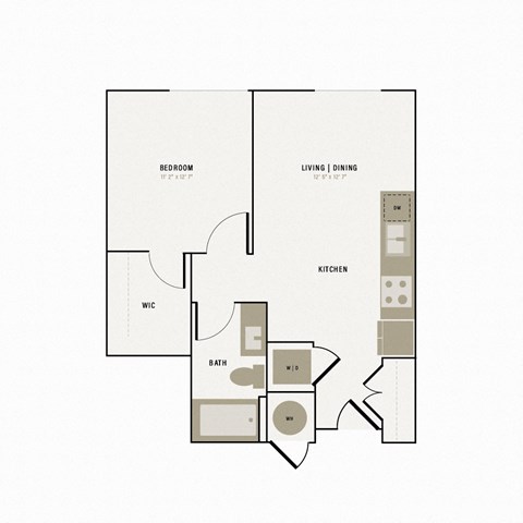 Floor plan for 1 bed, 1 bath, 602 sqft