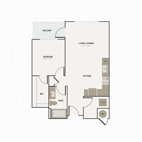 Floor plan for 1 bed, 1 bath, 722 sqft