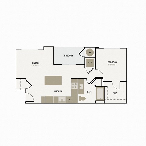 Floor plan for 1 bed, 1 bath, 736 sqft