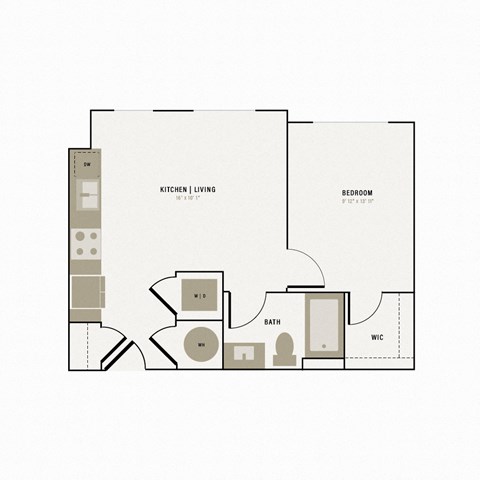 Floor plan for 1 bed, 1 bath, 584 sqft