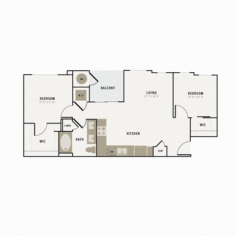 Floor plan for 2 beds, 1 bath, 890 sqft