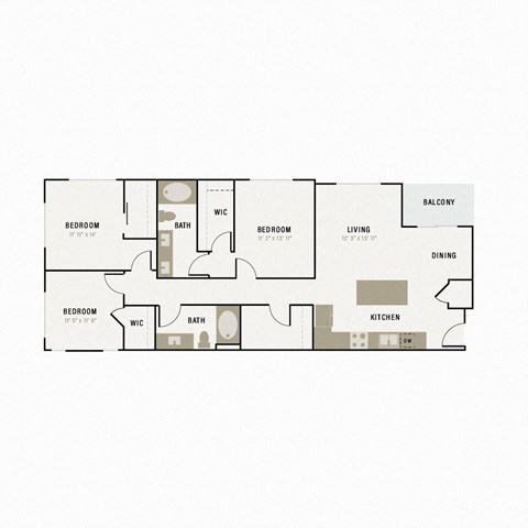 Floor plan for 3 beds, 2 baths, 1350 sqft
