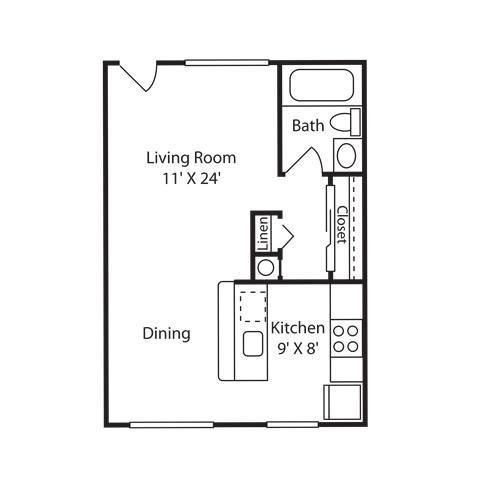 Floor plan for studio, 1 bath, 408 sqft