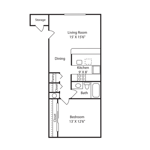 Floor plan for 1 bed, 1 bath, 612 sqft