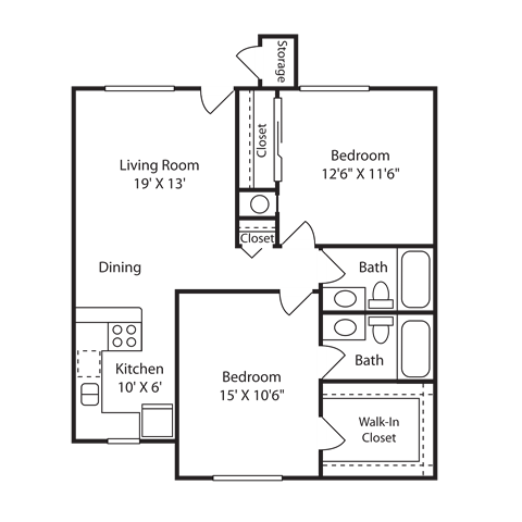 Floor plan for 2 beds, 2 baths, 844 sqft