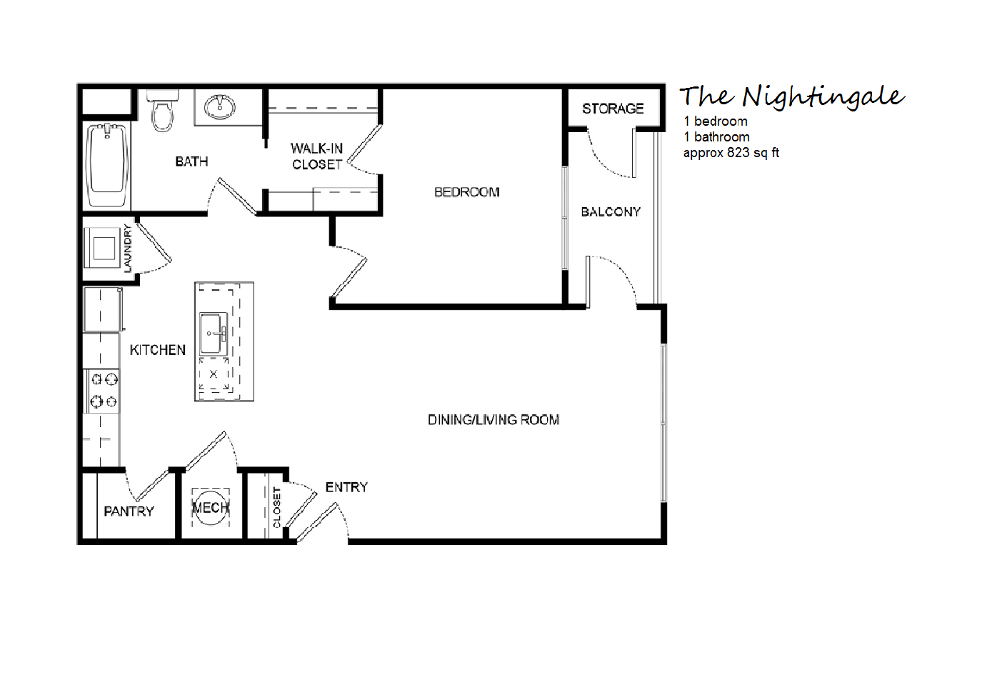 Floor plan for 1 bed, 1 bath, 823 sqft
