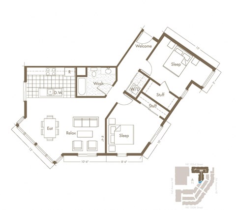 Floor plan for 2 beds, 1 bath, 1030 sqft