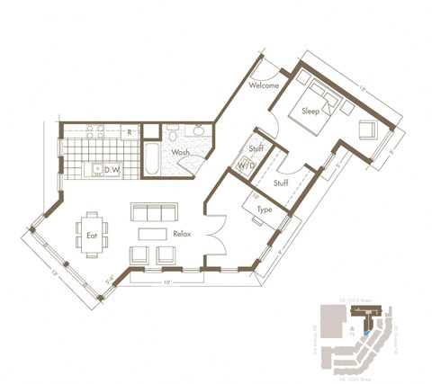 Floor plan for 2 beds, 1 bath, 923 sqft