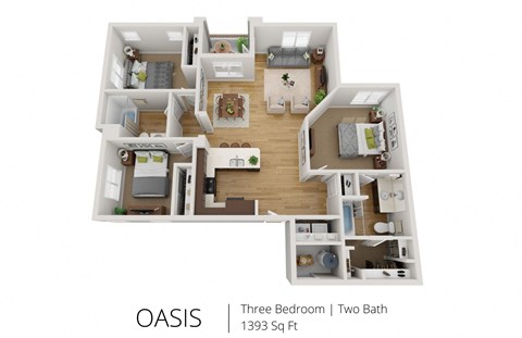 Floor plan for 3 beds, 2 baths, 1393 sqft