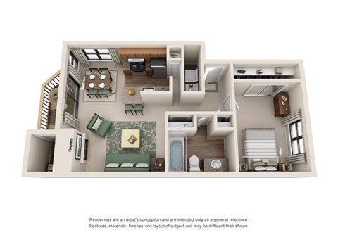 Floor plan for 1 bed, 1 bath, 696 sqft