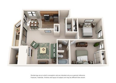 Floor plan for 2 beds, 1 bath, 932 sqft