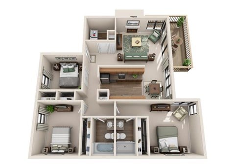 Floor plan for 3 beds, 2 baths, 1065 sqft