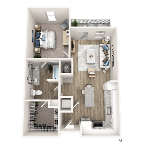 Floor plan for 1 bed, 1 bath, 755 sqft
