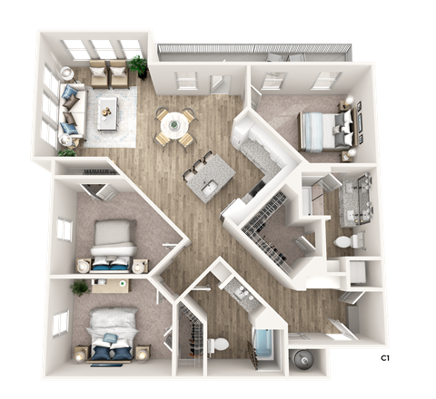 Floor plan for 3 beds, 2 baths, 1407 sqft
