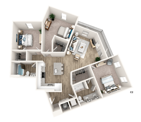 Floor plan for 3 beds, 2 baths, 1335 sqft