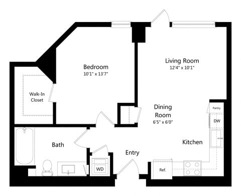 Floor plan for 1 bed, 1 bath, 628 sqft