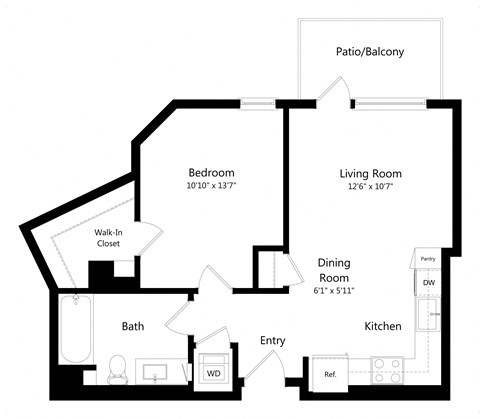 Floor plan for 1 bed, 1 bath, 636 sqft