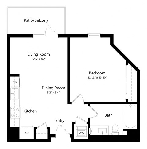 Floor plan for 1 bed, 1 bath, 628 sqft