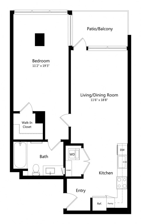 Floor plan for 1 bed, 1 bath, 808 sqft