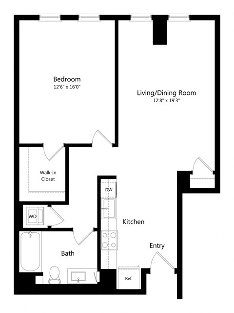 Floor plan for 1 bed, 1 bath, 868 sqft