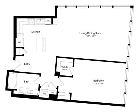 Floor plan for 1 bed, 1 bath, 955 sqft