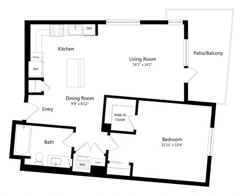 Floor plan for 1 bed, 1 bath, 1134 sqft