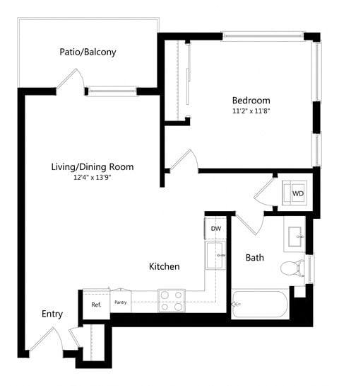 Floor plan for 1 bed, 1 bath, 670 sqft