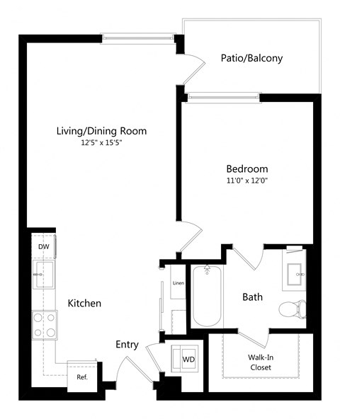 Floor plan for 1 bed, 1 bath, 675 sqft