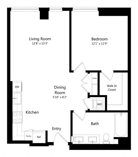 Floor plan for 1 bed, 1 bath, 772 sqft