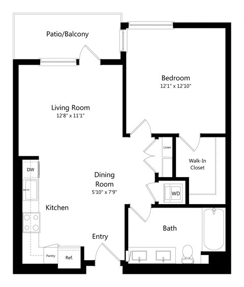 Floor plan for 1 bed, 1 bath, 716 sqft