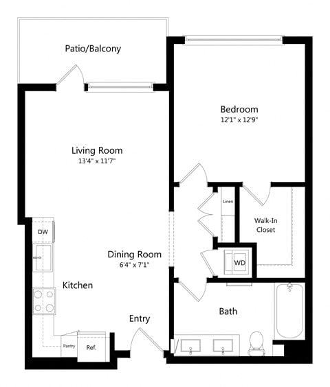 Floor plan for 1 bed, 1 bath, 739 sqft