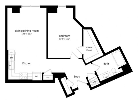 Floor plan for 1 bed, 1 bath, 724 sqft