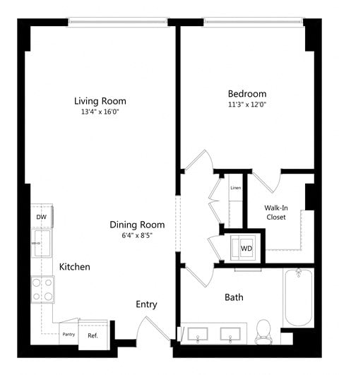 Floor plan for 1 bed, 1 bath, 742 sqft
