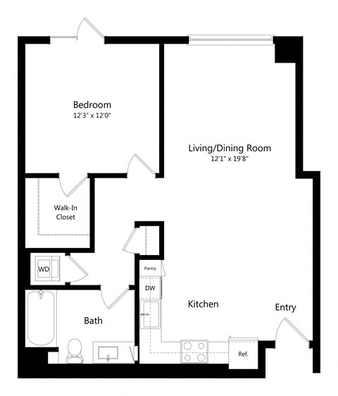 Floor plan for 1 bed, 1 bath, 799 sqft