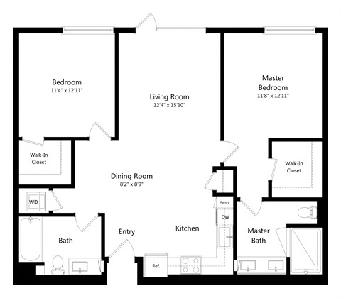 Floor plan for 2 beds, 2 baths, 1103 sqft