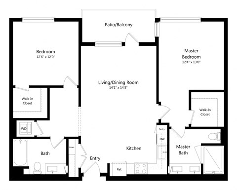 Floor plan for 2 beds, 2 baths, 1111 sqft