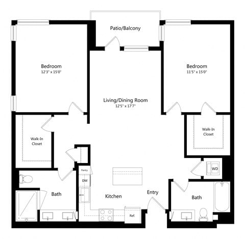 Floor plan for 2 beds, 2 baths, 1230 sqft