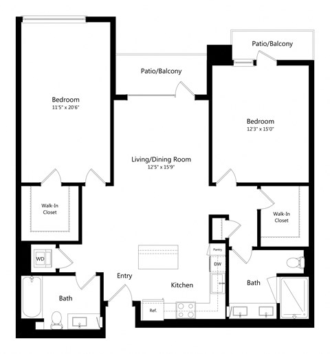 Floor plan for 2 beds, 2 baths, 1303 sqft